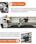 Badass Mini Metal Lathe 8 Inch Swing By 31.5 Inch Center Distance showing two chucks for precise machining and MT2 tailstock for accuracy.