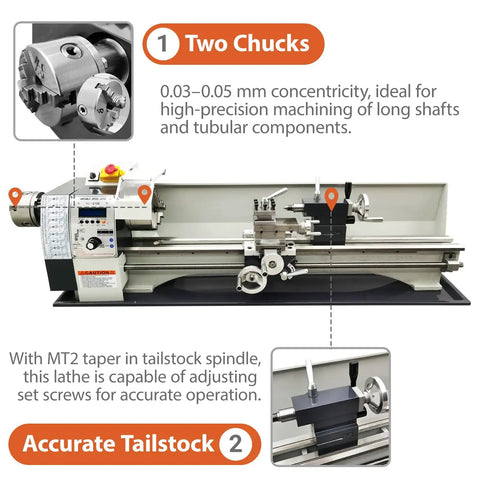Badass Mini Metal Lathe 8 Inch Swing By 31.5 Inch Center Distance showing two chucks for precise machining and MT2 tailstock for accuracy.