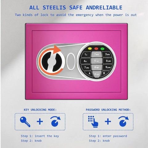 Front view of Pink Safe Box With Sensor Light And Electronic Digital Keypad Durable Steel Construction Hidden Small Safe.