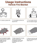 Vehicle fire blanket usage instructions demonstrating steps for use with Top Shelf Heavy Duty Car Fire Blanket With Double Sided Silicone Shielding For Extreme Heat Resistance Up To One Thousand One Hundred Celsius.