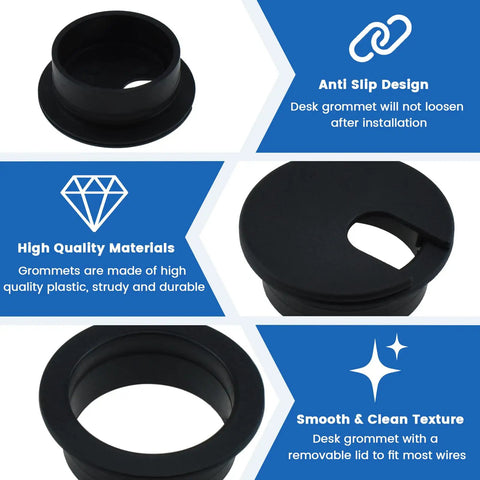 One Inch Desk Hole Wire Grommet Black Plastic Cable Cord Cover Organizer With Removable Lid shown with anti-slip design and smooth texture.
