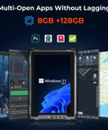 Built Like A Tank Rugged Tablet Running Windows 11 Pro showing multi-open apps with 8GB RAM and 128GB storage.