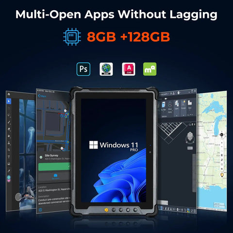 Built Like A Tank Rugged Tablet Running Windows 11 Pro showing multi-open apps with 8GB RAM and 128GB storage.