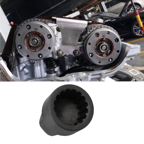 Camshaft Sleeve Socket For BMW B38 B48 B58 Engines 22mm 16PT shown with engine for removal and installation ease