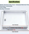 Paintable Lockable Access Panel For Drywall 7X12 Inch Beefy Metal Wall Hole Cover with white aluminium alloy frame and specifications.