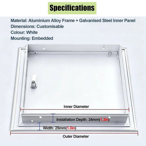 Paintable Lockable Access Panel For Drywall 7X12 Inch Beefy Metal Wall Hole Cover with white aluminium alloy frame and specifications.