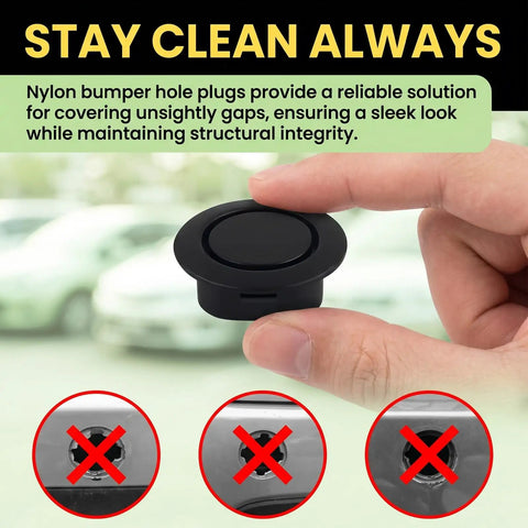 Close-up of 20 Pack Car Bumper Radar Hole Plugs Cover For 25 26mm Sensor Holes being held, with 'Stay Clean Always' text overlay.