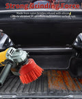 4 Inch Nylon Cup Brush For Angle Grinder And Drill With 5/8-11 Threaded Arbor in use on metal surface in car trunk