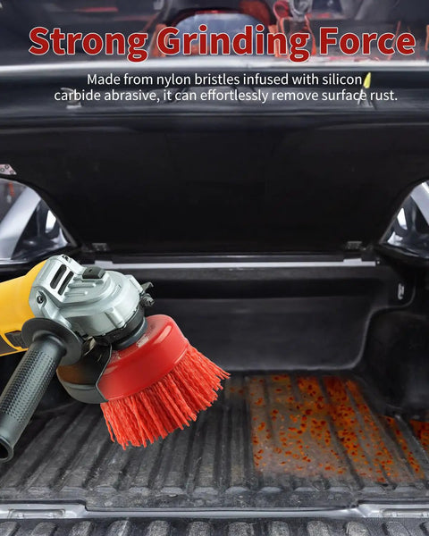 4 Inch Nylon Cup Brush For Angle Grinder And Drill With 5/8-11 Threaded Arbor in use on metal surface in car trunk
