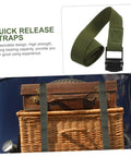 4 Pack Camping Duty Belts With Quick Release Straps For Easy Bundling And Rugged Gear Securing On Hiking Fishing Hunting Trips Moisture Resistant Military Green Travel Luggage Strap System For Outdoor Enthusiasts And Gear Junkies shown against wooden crate and basket with strap detail.