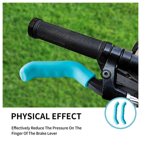 2 Pairs Silicone Brake Lever Covers For Bikes on black handlebar, blue anti slip grip sleeve, durable and comfortable.