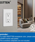 15 Amp Decor Outlet Tamper Resistant Electrical Wall Receptacle 15A 125V 1875W White Gloss Finish UL Listed Ideal For Residential And Commercial Use 40 Pack shown on a living room wall.
