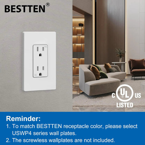 15 Amp Decor Outlet Tamper Resistant Electrical Wall Receptacle 15A 125V 1875W White Gloss Finish UL Listed Ideal For Residential And Commercial Use 40 Pack shown on a living room wall.