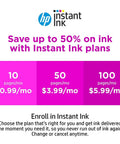 HP Instant Ink plans graphic showing savings options for Certified Refurbished DeskJet 3755 Compact Wireless All In One Color Printer.