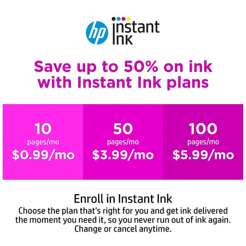 HP Instant Ink plans graphic showing savings options for Certified Refurbished DeskJet 3755 Compact Wireless All In One Color Printer.
