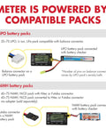 Image showing a 5 In 1 Battery Meter And Cell Checker For LiPo LiFePO4 Li-ion NiCd NiMH Packs with compatible connectors.