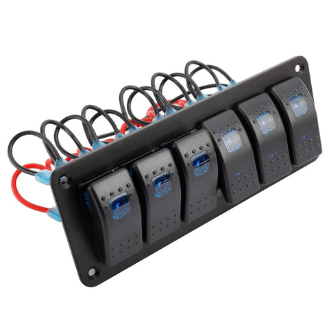 12-24V Illuminated 6 Gang Aluminum Rocker Switch Panel Pre-Wired Dash Kit With 5 Pin On Off Switches IP65 Blue Backlit LED