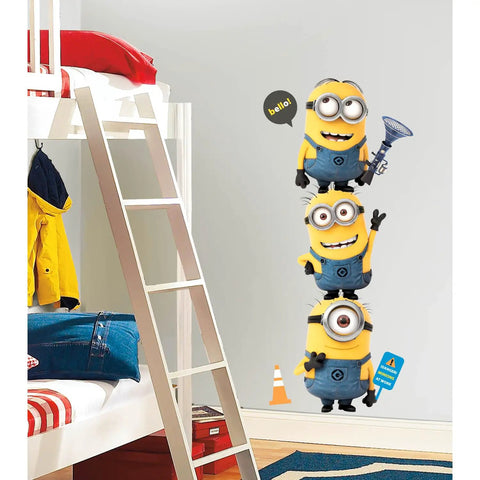 Despicable Me 2 Yellow Giant Wall Decals Set Of 11, 12 In Wide By 48.5 In High Peel And Stick Minions stacked next to bunk bed
