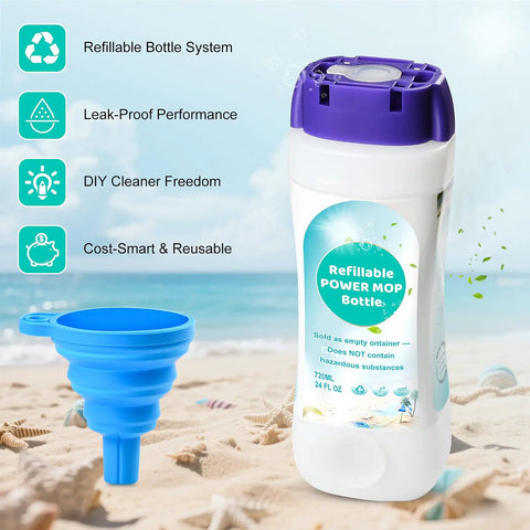 Leak Resistant Refillable Bottle For Swiffer Power Mop 720 ML No Fuss Fit Grab And Go Spill Proof Refills Easy To Use Cuts Down Refills Durable BPA Free Container For Cleaner Mopping, white 720ml bottle with blue funnel