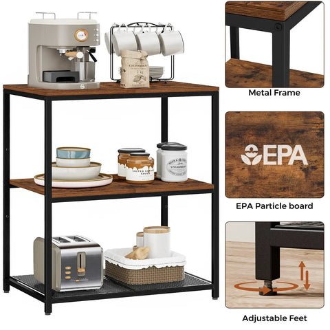 Built Tough Kitchen Island With Three Deep Storage Shelves And Reinforced Metal Frame, showcasing coffee maker and kitchen essentials.