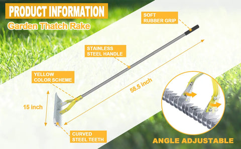 Dethatching Rake For Lawn Care, 15 Inch Wide Thatch Rake With Stainless Steel Tines, Adjustable Handle, 58.5 Inch Length For Dead Grass Removal