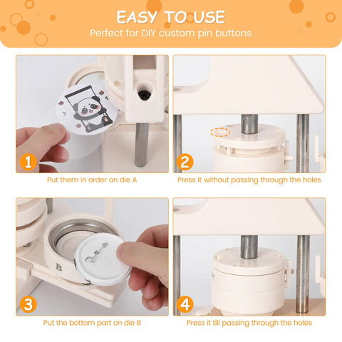 4-step guide for using 3 In 1 Button Maker Kit With Ergonomic Arc Handle for 25mm, 32mm, and 58mm badges, showing assembly process.