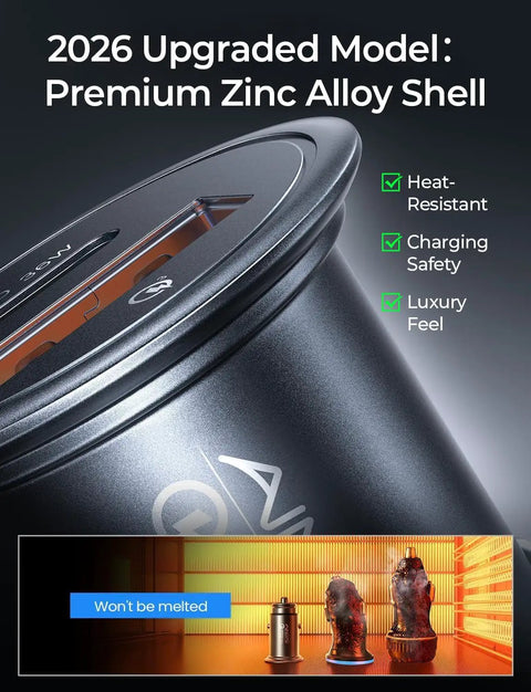 Close-up of Mini Metal Car Charger With 67.5W USB C Fast Charging PD QC For 12V Lighter Outlet, zinc alloy shell, heat-resistant.