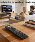 Top Shelf Universal Tv Remote Replacement Boasting Snappy Button Response on wooden table with TV in background for easy pairing.