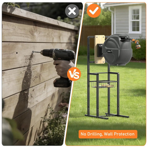 Freestanding Garden Hose Reel Stand For Outdoors No Wall Drilling Required With Sturdy Mounting Brackets Fits Most Retractable Hose Reels Reel Not Included Keeps Your Hose Neat Accessible And Ready For Quick Reels On Any Lawn Or Patio versus drilling into wall comparison image