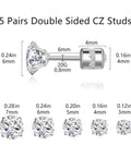 Dainty Titanium Surgical Steel Cz Stud Earrings Multipack Hypoallergenic 316L Nickel Free Screw Back Studs Built For Sensitive Ears showing sizes 3mm to 7mm.