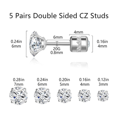 Dainty Titanium Surgical Steel Cz Stud Earrings Multipack Hypoallergenic 316L Nickel Free Screw Back Studs Built For Sensitive Ears showing sizes 3mm to 7mm.