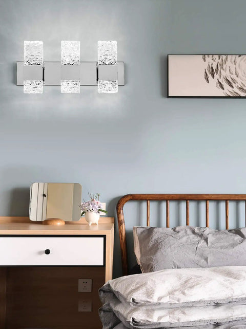 Gold Wall Sconce Set Of Two LED Bathroom Vanity Lights With Bubble Crystal, 8-Sided Faceted Design, mounted above bed