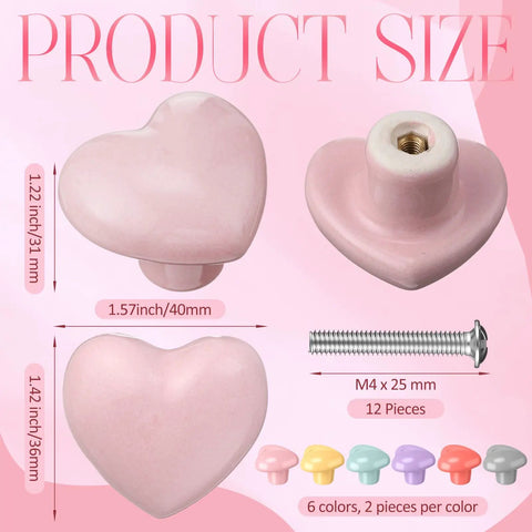 12 Pcs Colorful Ceramic Dresser Knobs With Heart Shape Pulls For Girls, screw and size details, pink and multicolor knobs