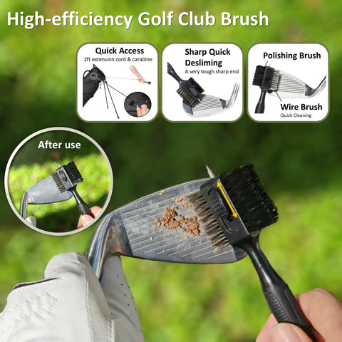 High-efficiency golf club brush from Premium Golf Gifts Set For Men And Women In A Slick Case With Gold Colored Golf Balls Tees Divot Tool Brush Green Reader Magnetic Hat Clip Scorer And Ball Clamp cleaning club head.