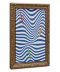 Coastal Kayaking Wall Art Ocean Decor Poster Abstract Wave Print Rowing Artwork with kayaks on blue and white waves in gold frame