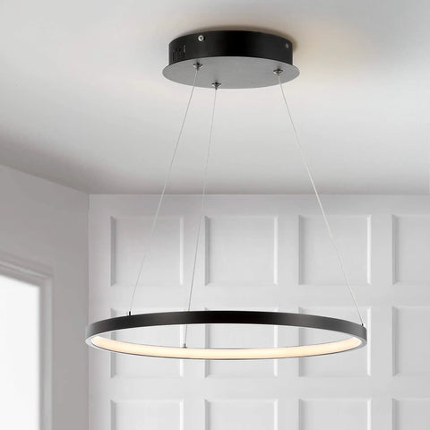 Matte Black Modern Integrated LED Pendant Light With Dimmable Round Hoop Chandelier For Kitchen Island And Dining Room Adjustable Height ETL Listed Sleek Minimalist Ceiling Lighting Fixture