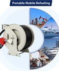 1 Inch By 50 Foot Fuel Hose Reel With Spring Driven Retractable Design, 300 PSI Diesel Hose Reel, shown with fueling nozzle, aircraft, ship, and vehicle fueling stations.