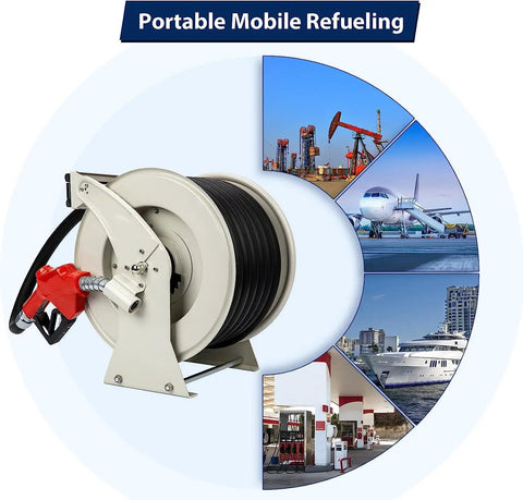 1 Inch By 50 Foot Fuel Hose Reel With Spring Driven Retractable Design, 300 PSI Diesel Hose Reel, shown with fueling nozzle, aircraft, ship, and vehicle fueling stations.