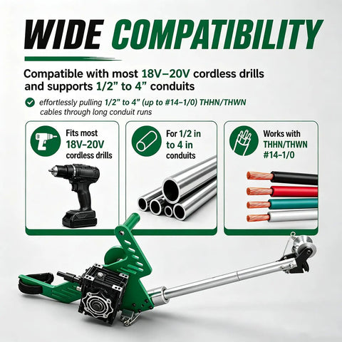Powerful Electric Cable Puller That Turns Your Drill Into A Serious Wire Tugger for One Person Jobs, Handles 1000 Lbs On Wires From #14 To 1/0 Inside Conduits Up To 4 Inches With Smooth Adjustable Boom Head