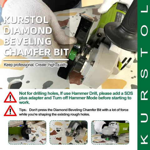 KURSTOL Diamond Beveling Chamfer Bit attached to angle grinder, focus on precision trimming and smoothing surfaces.