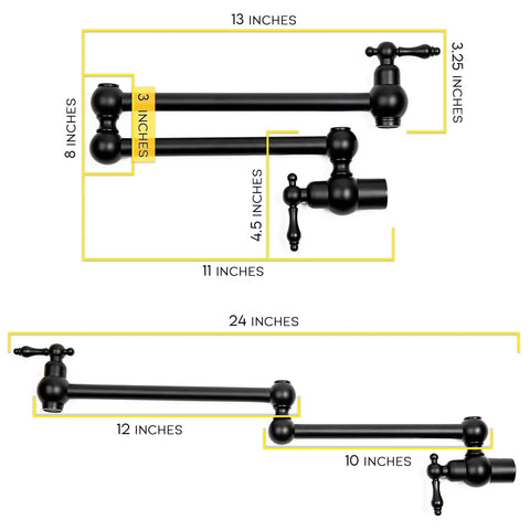 Pot Filler Faucet Wall Mount Black Kitchen Faucet With 24 Inch Extendable Swing Arm dimensions and design details