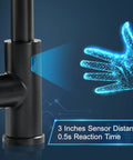 Glossy Black Touchless Kitchen Faucet With Pull Down Sprayer, Single Handle, Wave To Activate Sensor, Auto Shutoff After 3 Minutes, Durable SUS 304 Stainless Steel, showing wave sensor interaction