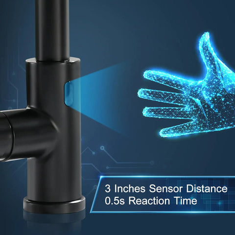 Glossy Black Touchless Kitchen Faucet With Pull Down Sprayer, Single Handle, Wave To Activate Sensor, Auto Shutoff After 3 Minutes, Durable SUS 304 Stainless Steel, showing wave sensor interaction