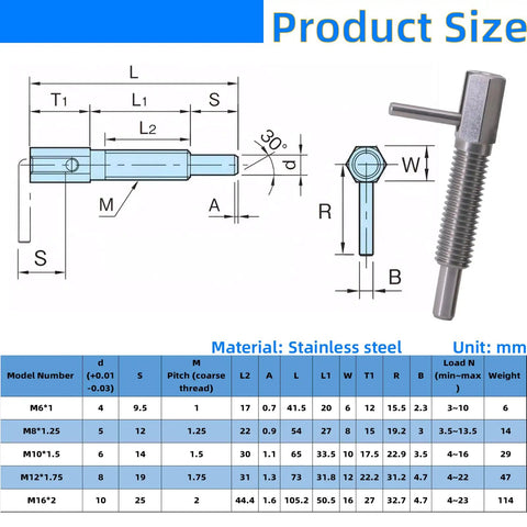 Two Pack M10 Stainless Steel Spring Loaded Retractable Indexing Plunger Pin With L Handle And Hex Nut dimensions illustration.