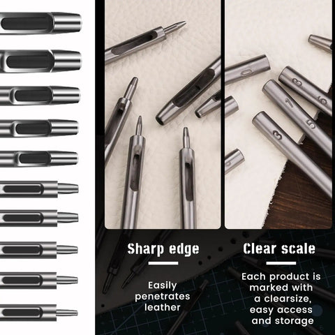 10 Pack Leather Hole Punch Set 0.5mm To 3.5mm Hollow Punches, pro grade carbon steel tools with sharp edge for leather crafting.
