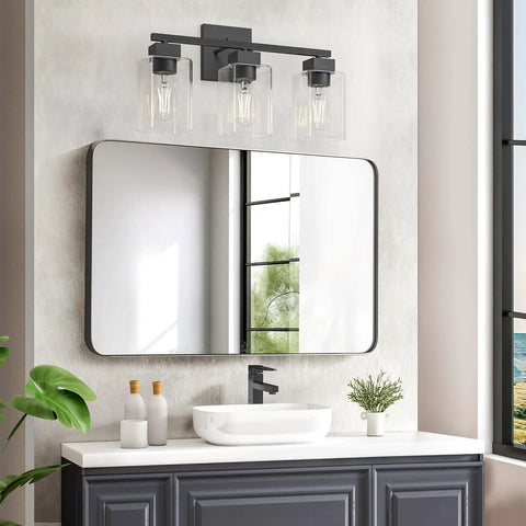 Matte Black Bathroom Vanity Light Three Light Fixture Over Mirror With Square Design UL Listed Wall Sconce Clear Glass Shades