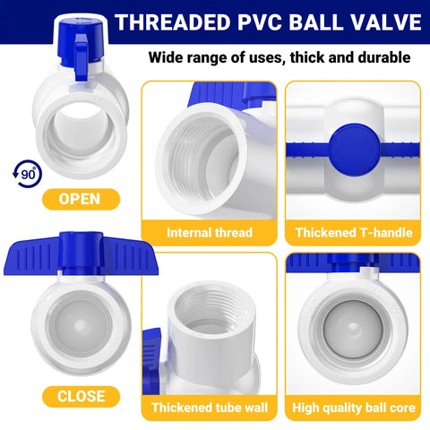 Three Quarter Inch PVC Ball Valve With Threaded Ends And Blue T Handle, SCH40 Slip Water Pipe Valve for plumbing and irrigation