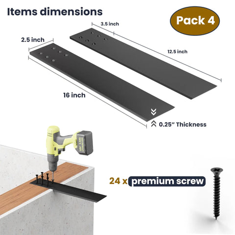 Rock Solid 16 Inch Countertop Support Brackets 4 Pack Tough As Nails Steel Knee Wall Braces with dimensions and screws shown.