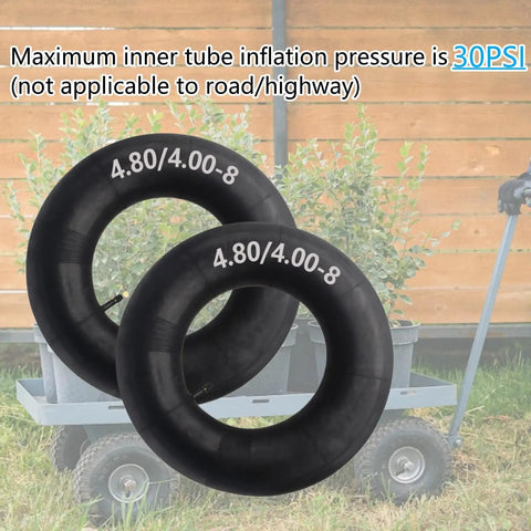 Two heavy-duty inner tubes for 4.80/4.00-8 inch tires on a garden cart backdrop, suitable for utility tractors and lawn mowers.