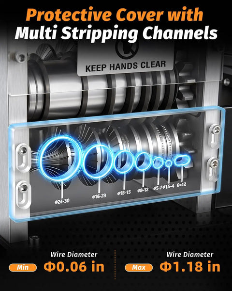 Heavy Duty 550W Electric Wire Stripper Machine Strips Gauge Wire From.06 To 1 Inch showing protective cover and adjustable channels.
